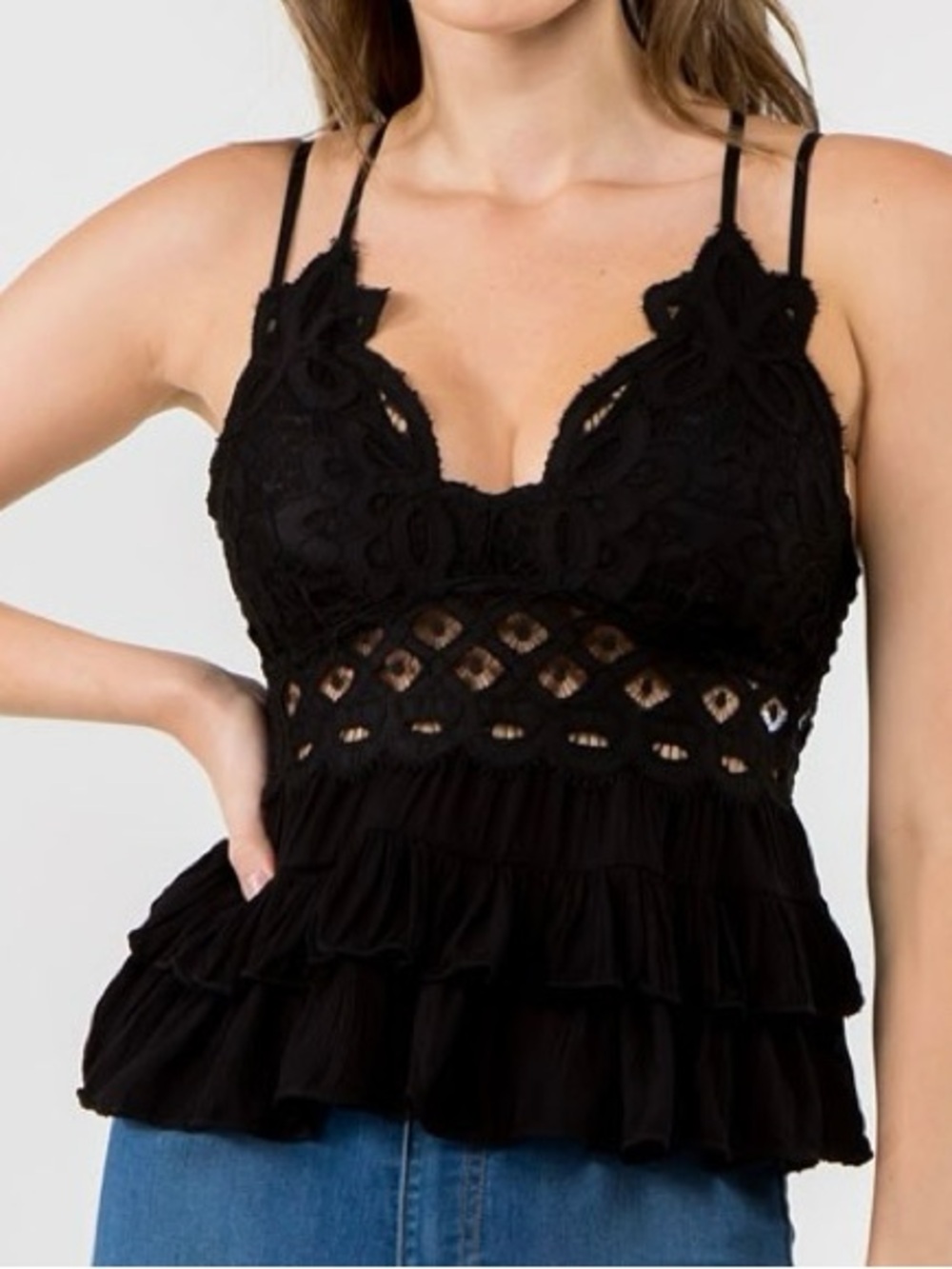Black Cami Lace Ruffled Tank Top